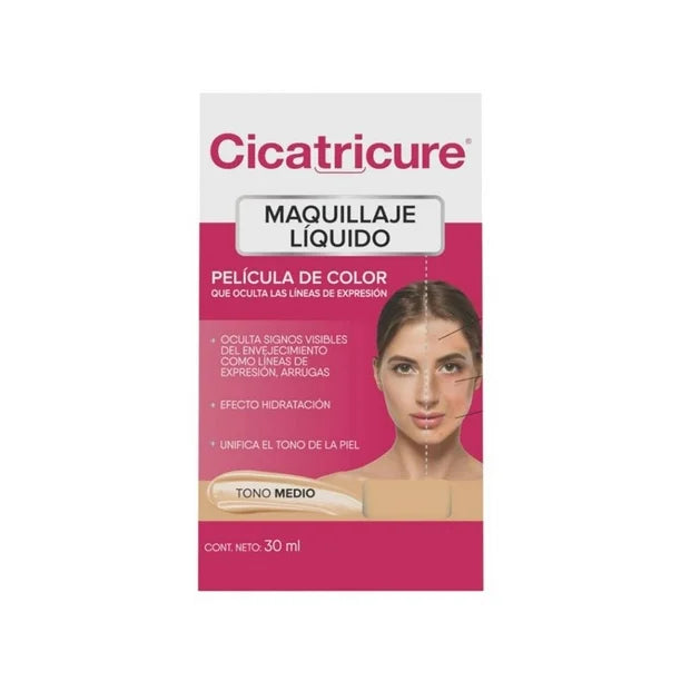 Base de maquillaje líquida Cicatricure 30 ml: tono medio, hidratante y cobertura uniforme