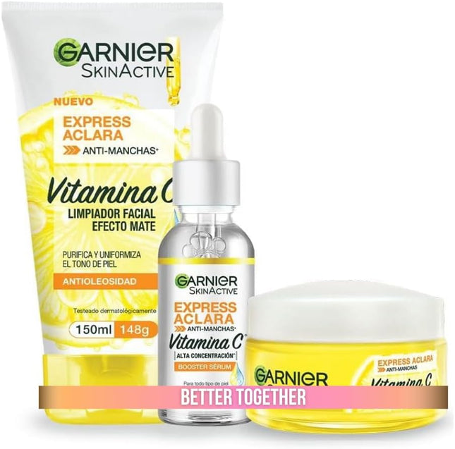 Garnier Express Aclara Vitamin C Skincare Kit (3 Pieces) – Serum, Moisturizer & Facial Cleanser