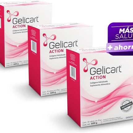 Colágeno hidrolizado en polvo Gelicart Action® – Paquete de 3 cajas (90 sobres de 20 g cada uno)
