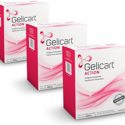 Colágeno hidrolizado en polvo Gelicart Action® – Paquete de 3 cajas (90 sobres de 20 g cada uno)